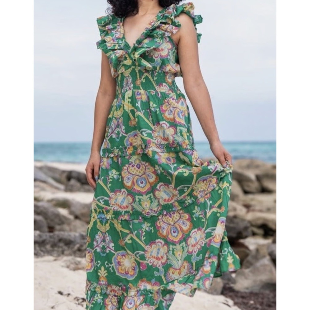 Caroline Constas Ruffle Smocked Maxi Dress NWT Green Floral Paisley Large Spring